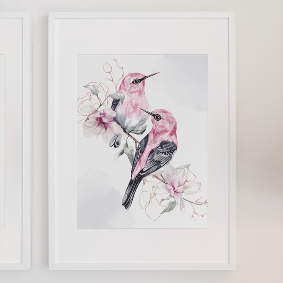 Watercolor Wall Art Cute Pink Birds Print Unframed - Picture 3 of 6